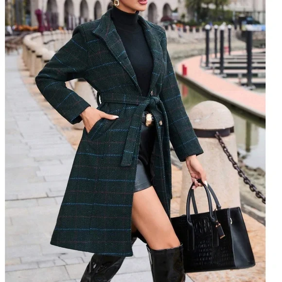 Classic Plaid Print Button Belted winter Jacket Trench Coat - Picture 2 of 3